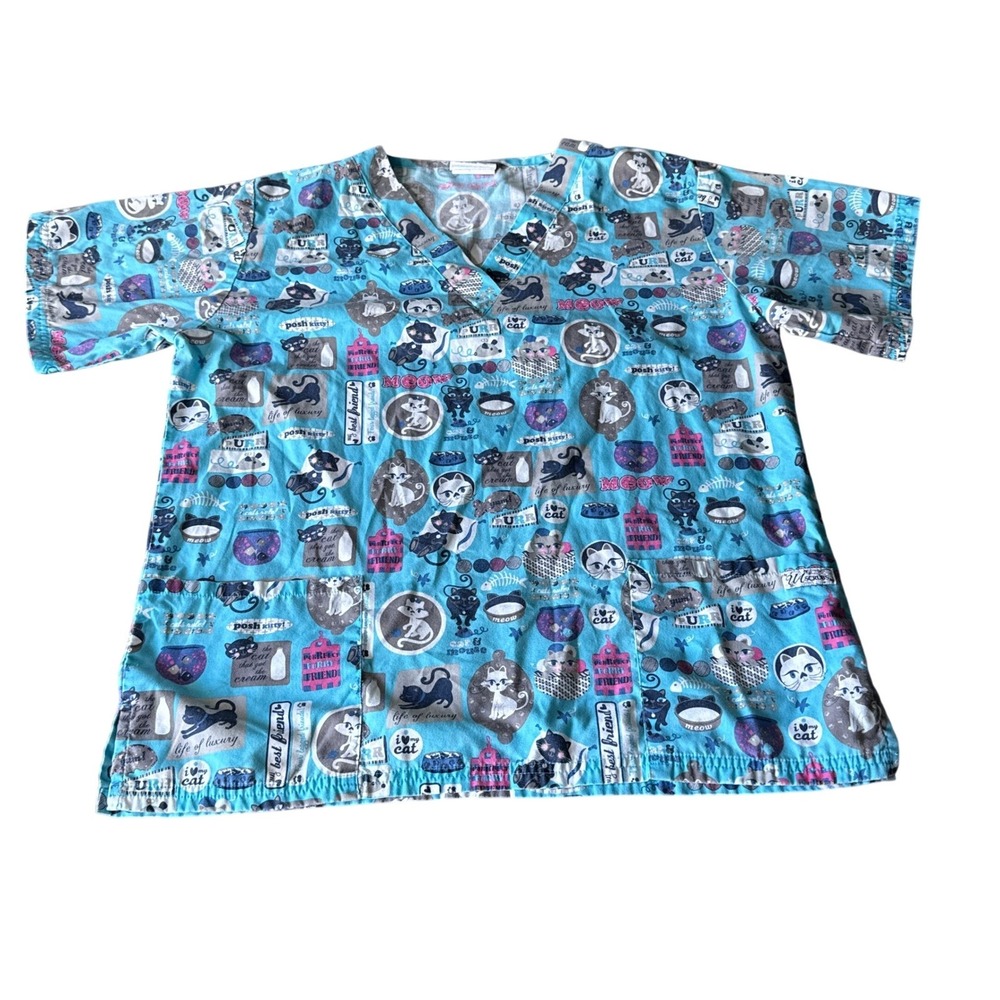 UA Scrubs Furry Friends Turquoise Cat Print V-Neck Scrub Top Medium PC62FRT